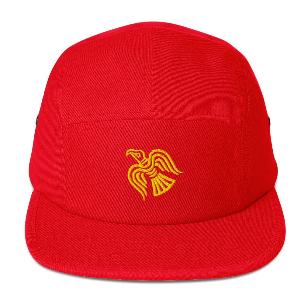 Embroidered Viking Raven Five Panel Cap Red