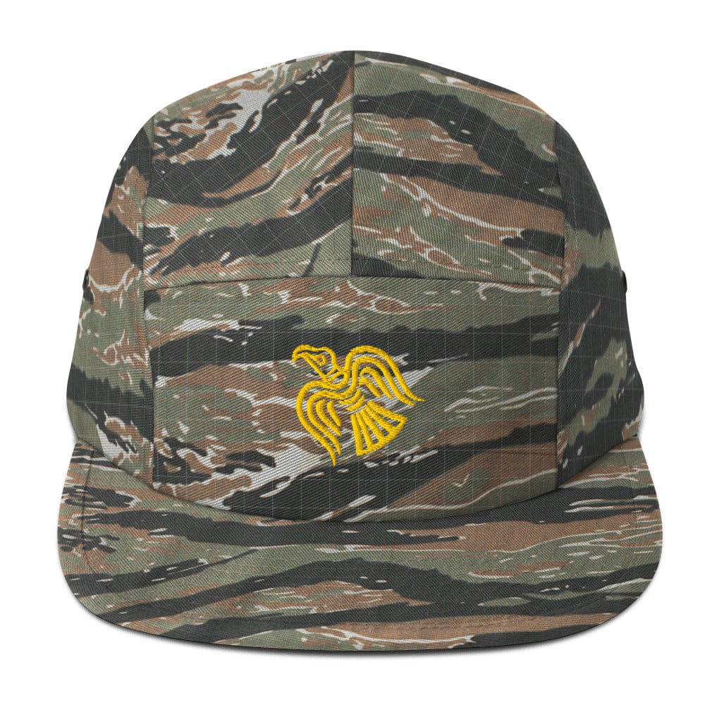 Embroidered Viking Raven Five Panel Cap Green Tiger Camo