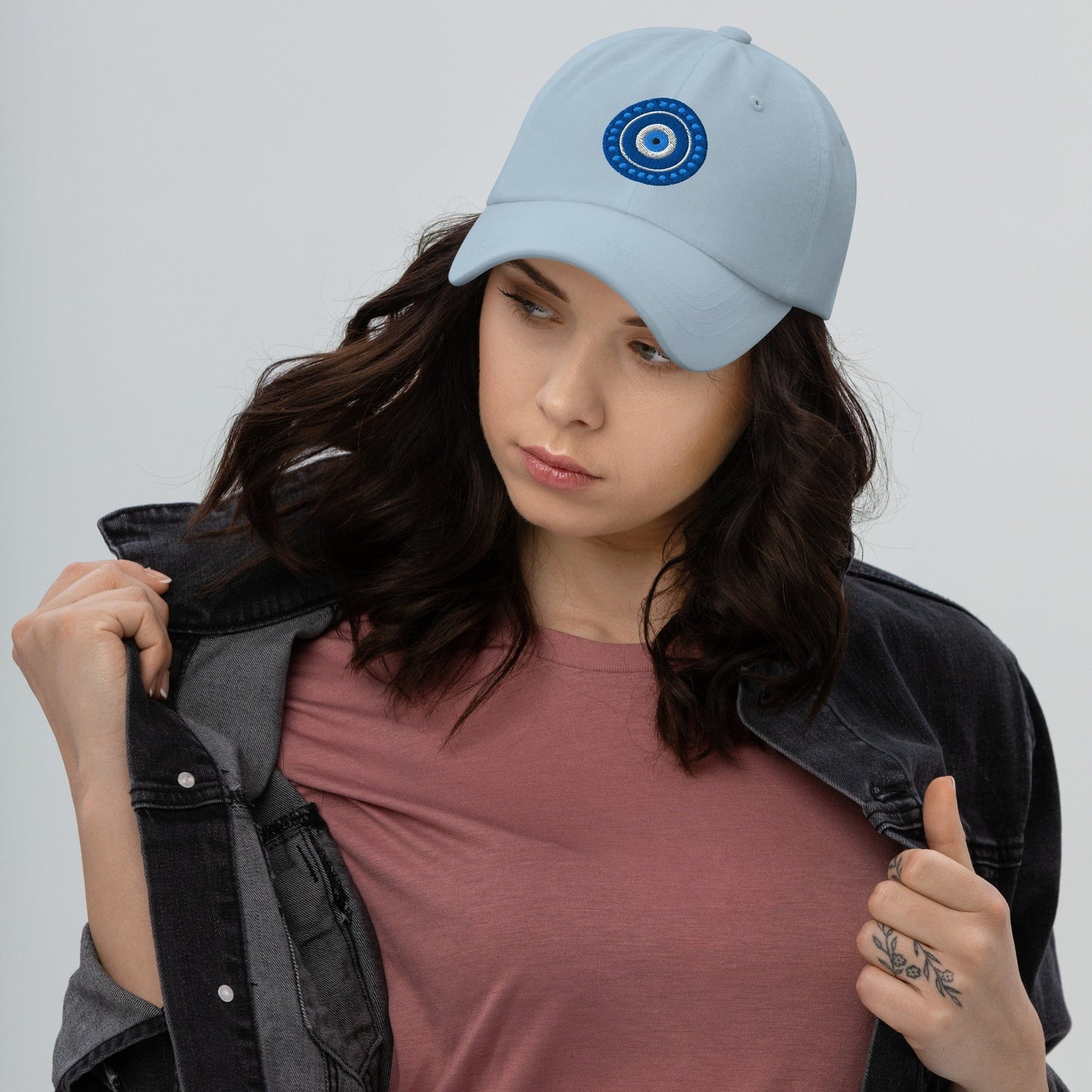 Evil Eye Protection Embroidered Dad Hat Light Blue