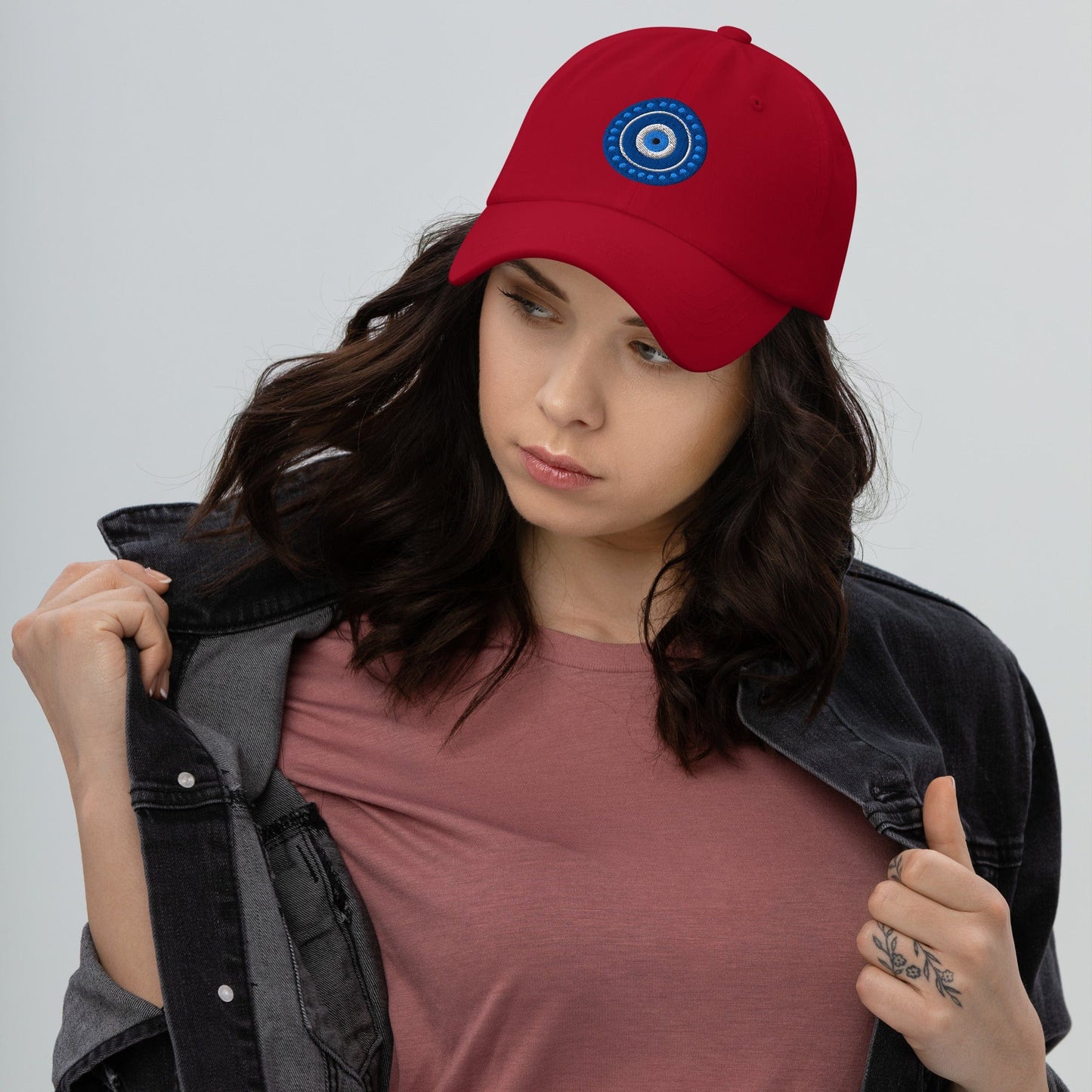 Evil Eye Protection Embroidered Dad Hat Cranberry