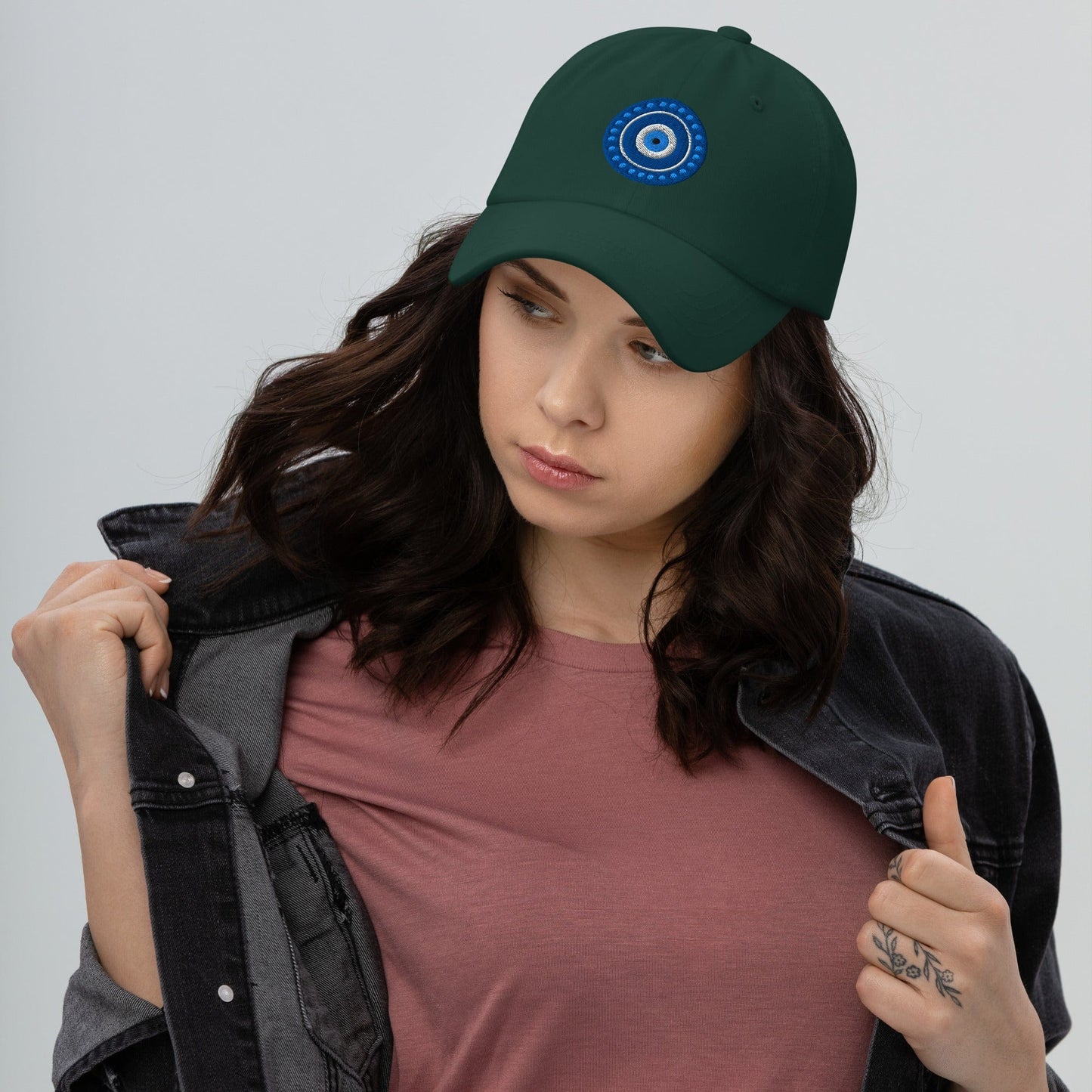 Evil Eye Protection Embroidered Dad Hat Spruce