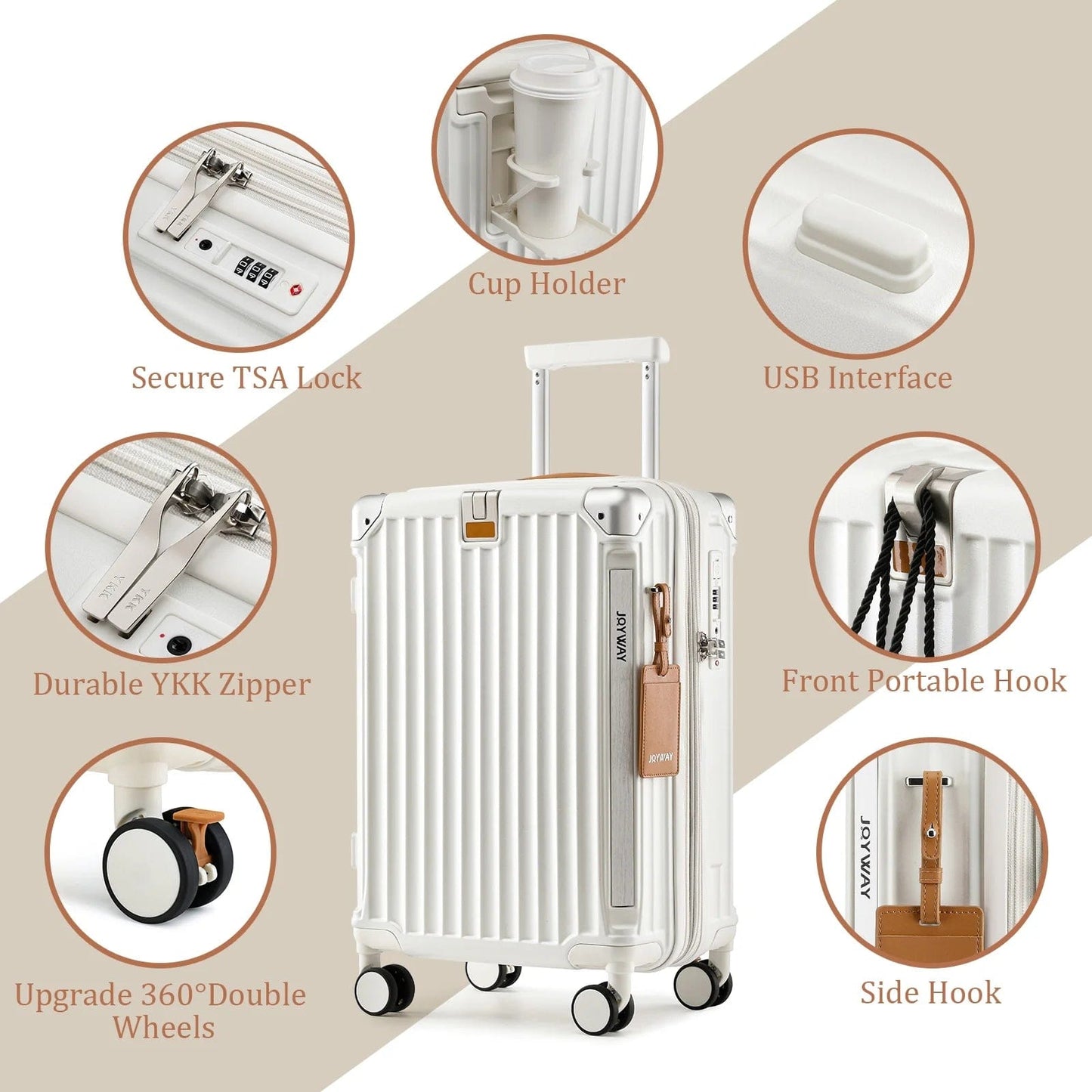 Expandable Hard 20 Inch Carry-On Luggage USB Port Cup Holder TSA Lock Suitcase 20" / Off-White