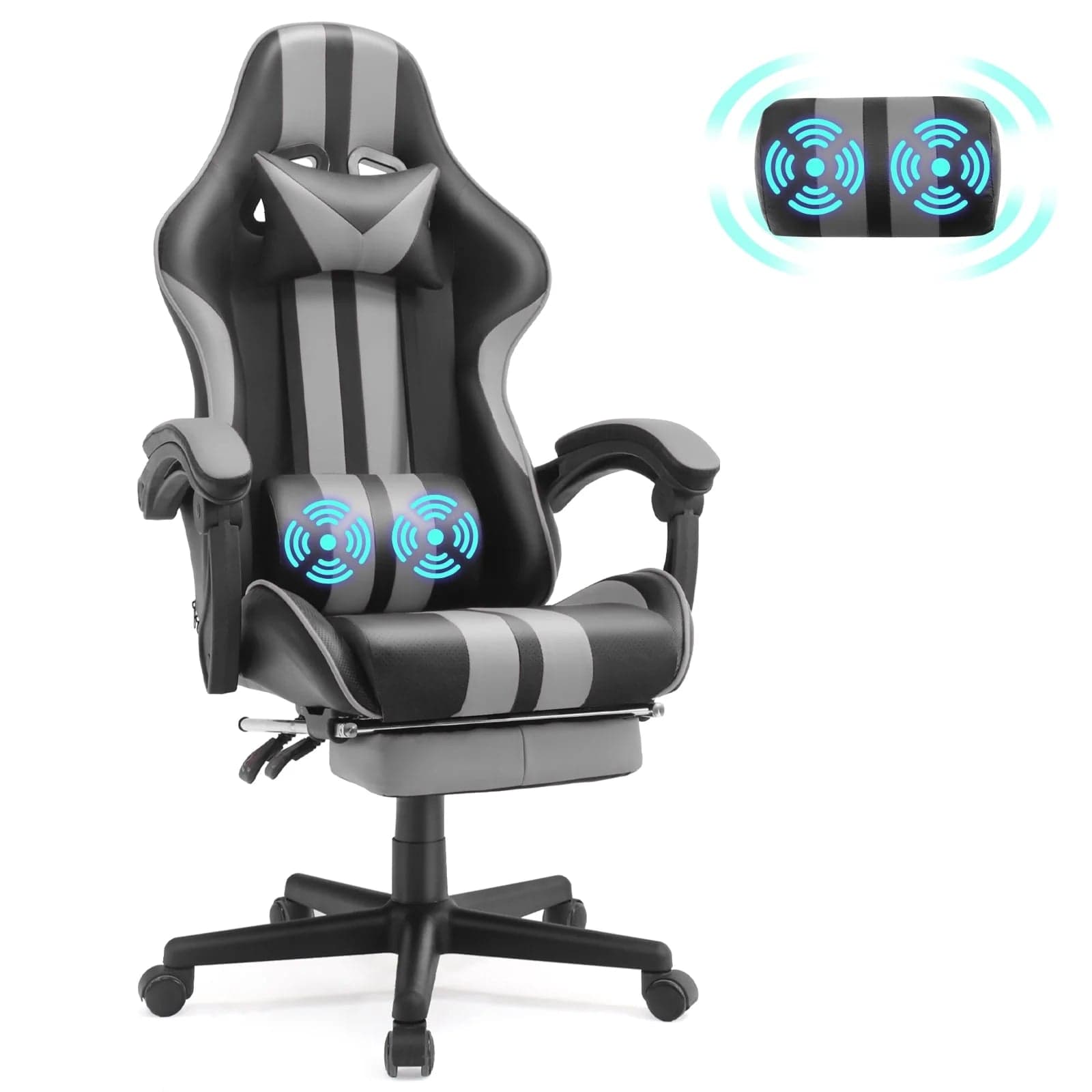 Gaming Chair Office Chair, Massage Game Gamer Chairs with Footrest & Headrest & Lumbar Pillow, Reclining Swivel Leather Chairs, Grey Gray