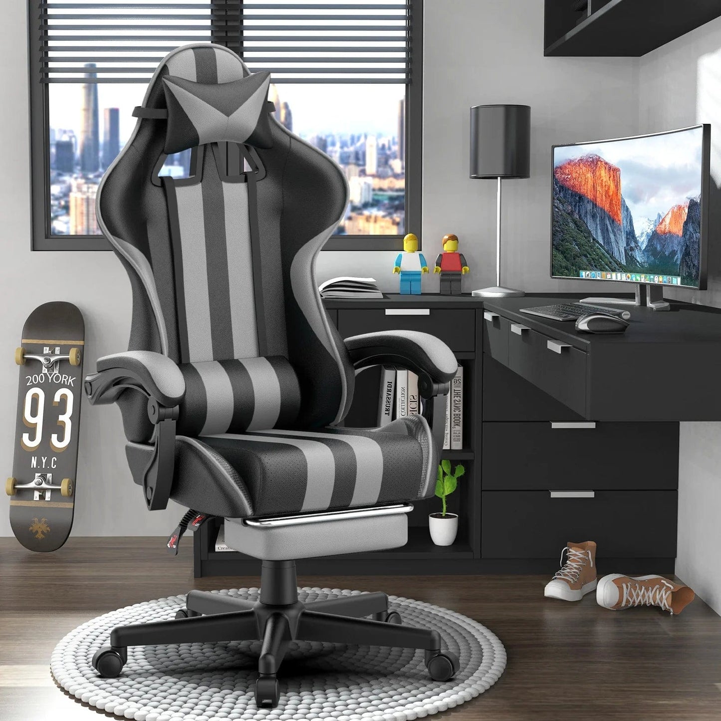 Gaming Chair Office Chair, Massage Game Gamer Chairs with Footrest & Headrest & Lumbar Pillow, Reclining Swivel Leather Chairs, Grey Gray