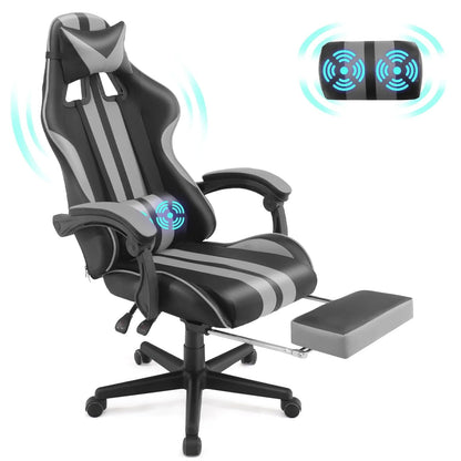 Gaming Chair Office Chair, Massage Game Gamer Chairs with Footrest & Headrest & Lumbar Pillow, Reclining Swivel Leather Chairs, Grey Gray