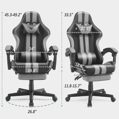 Gaming Chair Office Chair, Massage Game Gamer Chairs with Footrest & Headrest & Lumbar Pillow, Reclining Swivel Leather Chairs, Grey Gray