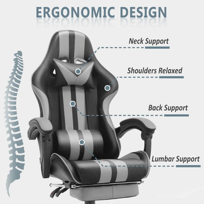 Gaming Chair Office Chair, Massage Game Gamer Chairs with Footrest & Headrest & Lumbar Pillow, Reclining Swivel Leather Chairs, Grey Gray