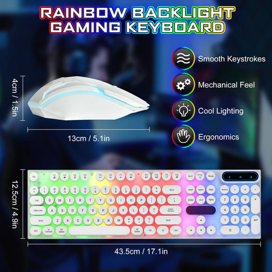 Gaming Keyboard and Mouse, Retro Punk LED Backlit Wired Computer Mouse and Keyboard Combo, for Game / Office, Windows Laptop PC (White) Keyboard And Mouse Combo - White