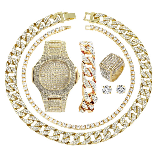 Gold Plated Bling-Ed Out Oblong Case Metal Mens Watch W/Matching Cuban Chain Bracelet, Cuban Necklace, Tennis Chain & Ring Size 9- 8967CRNTG (9) 9 / Gold