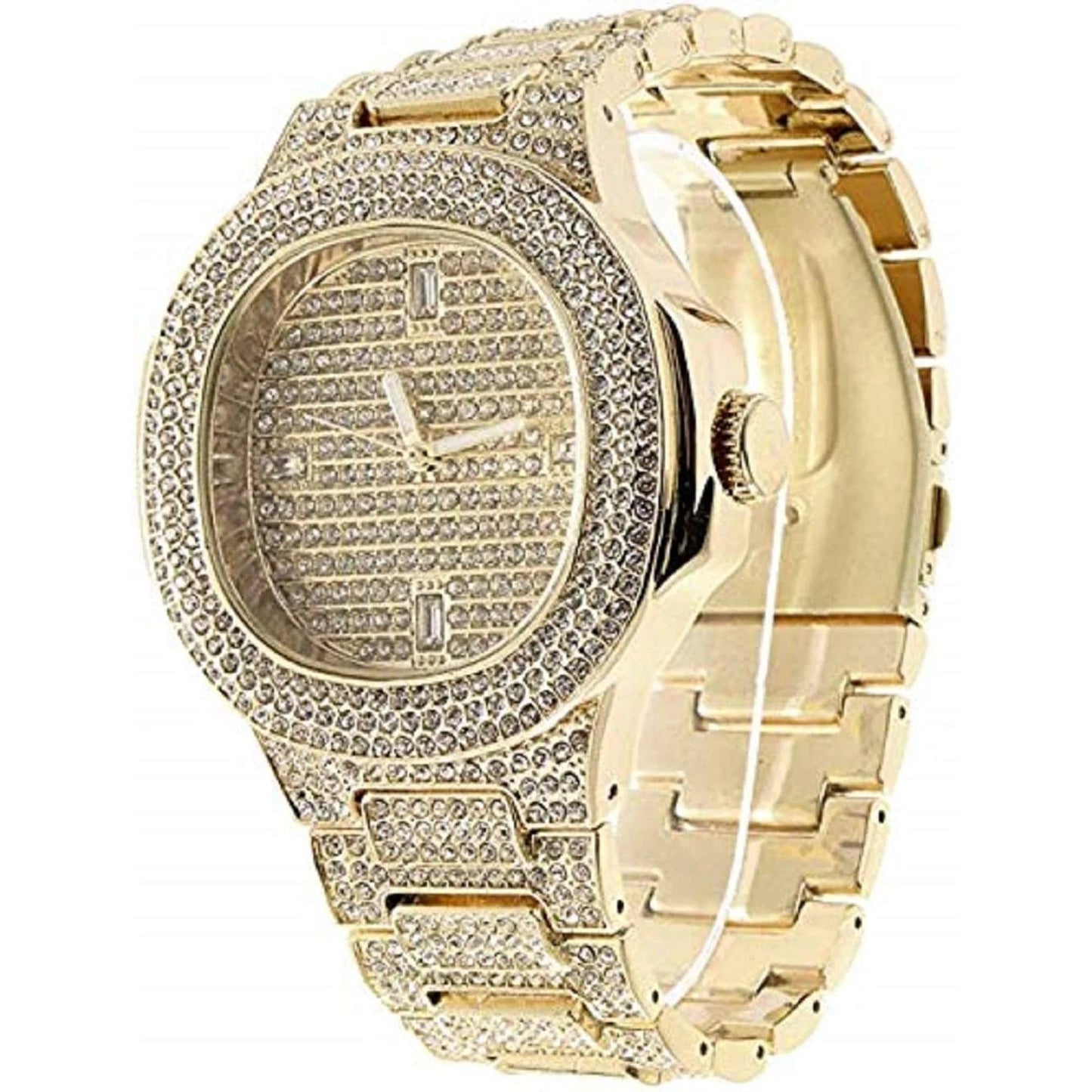 Gold Plated Bling-Ed Out Oblong Case Metal Mens Watch W/Matching Cuban Chain Bracelet, Cuban Necklace, Tennis Chain & Ring Size 9- 8967CRNTG (9) 9 / Gold