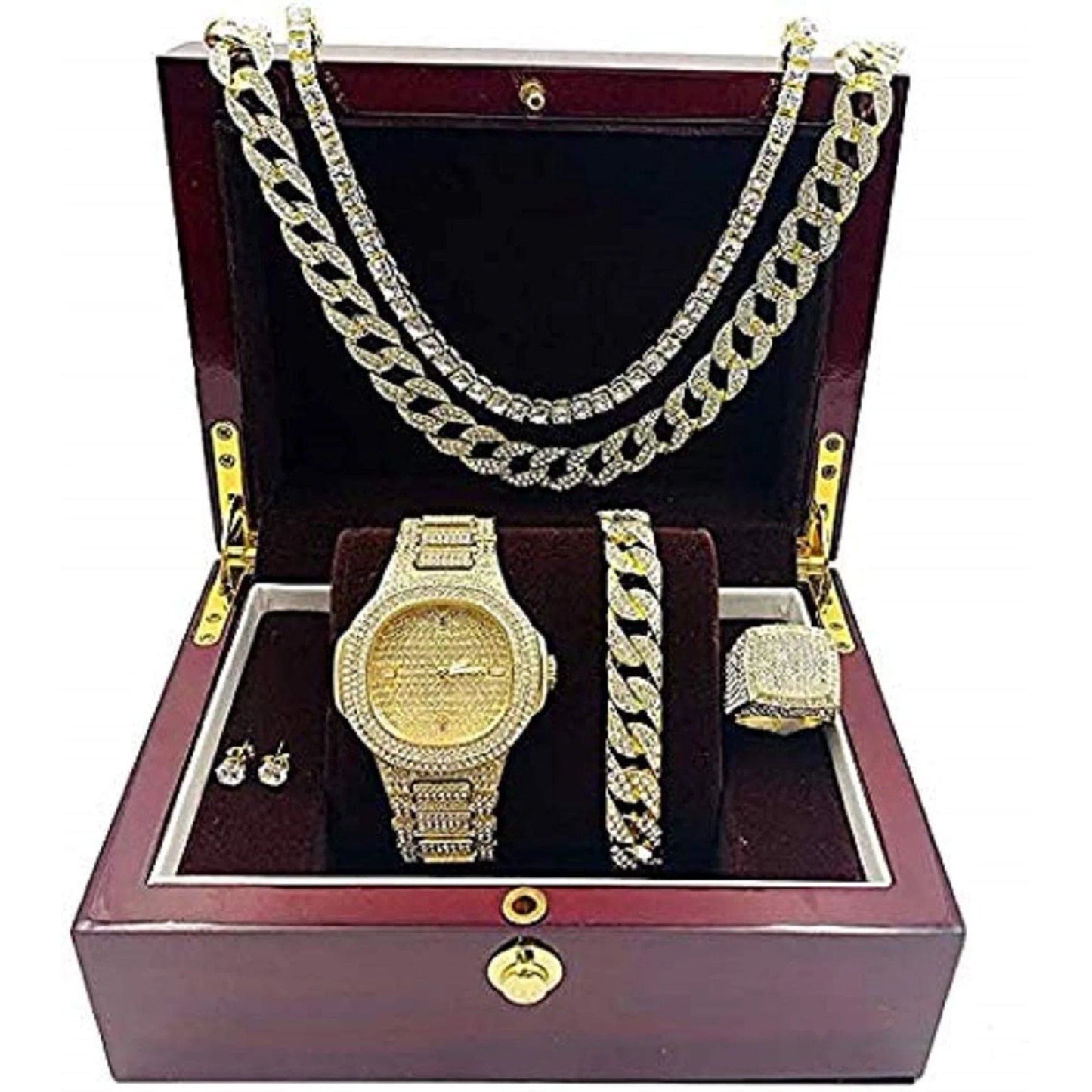 Gold Plated Bling-Ed Out Oblong Case Metal Mens Watch W/Matching Cuban Chain Bracelet, Cuban Necklace, Tennis Chain & Ring Size 9- 8967CRNTG (9) 9 / Gold