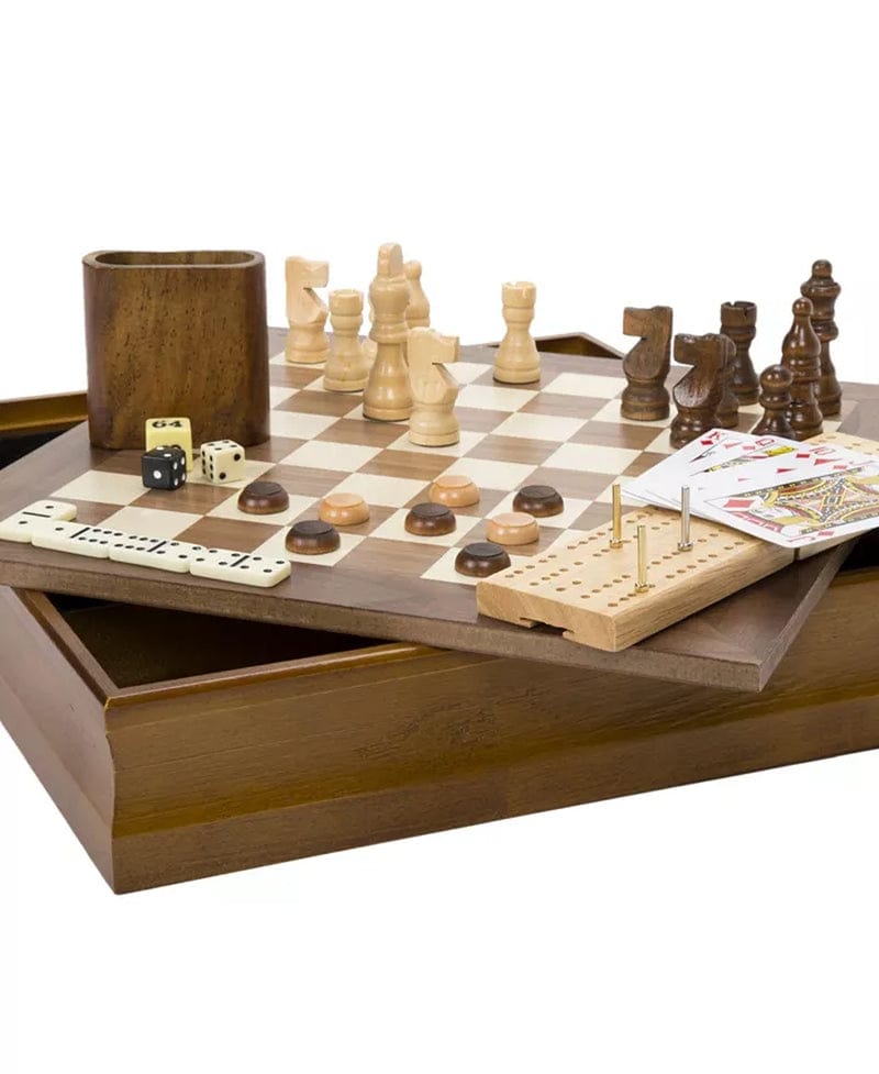 Hey Play 7-In-1 Classic Wooden Board Game Set - Old Fashioned Family Game Night Cards, Dice, Chess, Checkers, Backgammon, Dominoes and Cribbage Brown / No Size