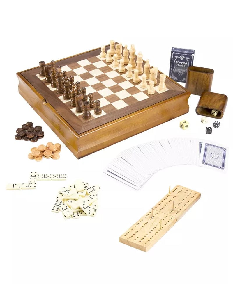 Hey Play 7-In-1 Classic Wooden Board Game Set - Old Fashioned Family Game Night Cards, Dice, Chess, Checkers, Backgammon, Dominoes and Cribbage Brown / No Size