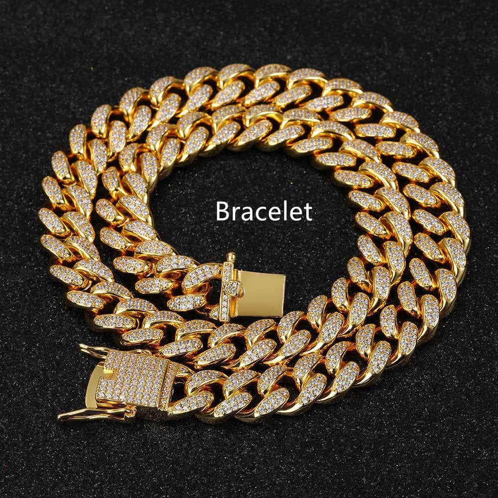 Hip Hop Jewelry 12Mm Full Diamond Cuban Chain Real Gold Plating Gold / Bracelet 7Inches