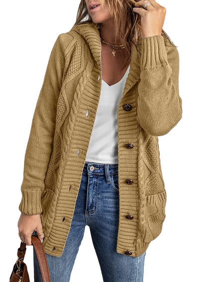 Hooded Cardigan Long Knit Sweater Coat with Pockets A5 Khaki / 2Xl