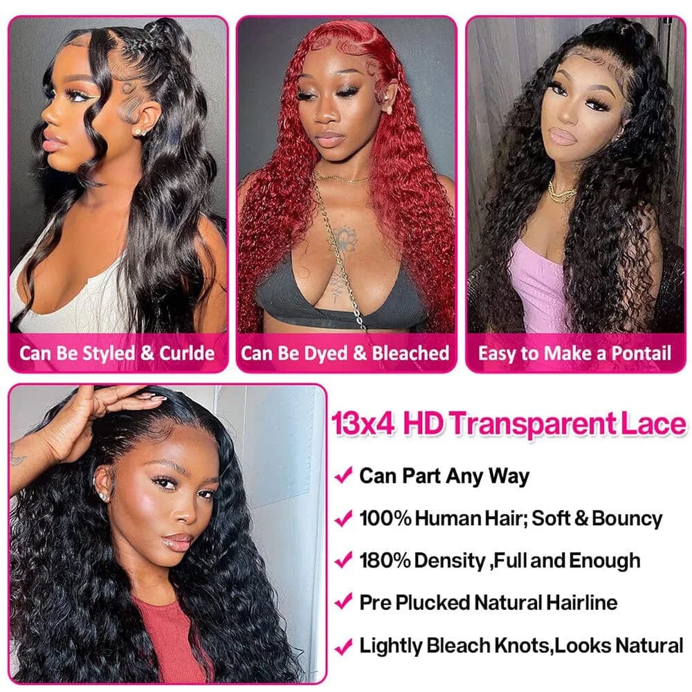 Human Hair Wigs 13×4 Water Wave HD Front Lace Wigs Brazilian Human Hair Wigs 180% Density for Black Women Natural Color 18 Inch 18"