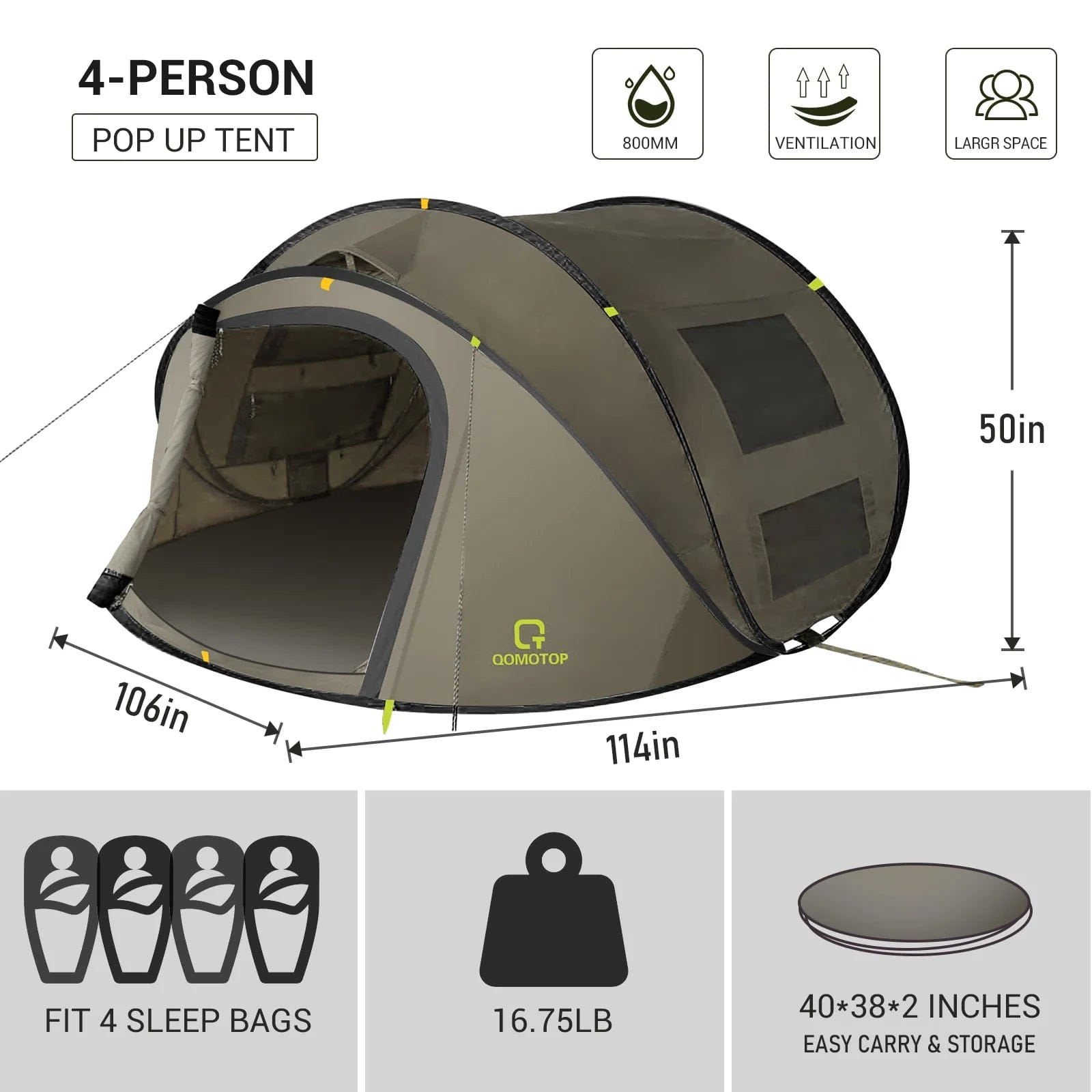 Instant Tent 4-Person Camp Tent, Waterproof Pop up Tent with Windowa