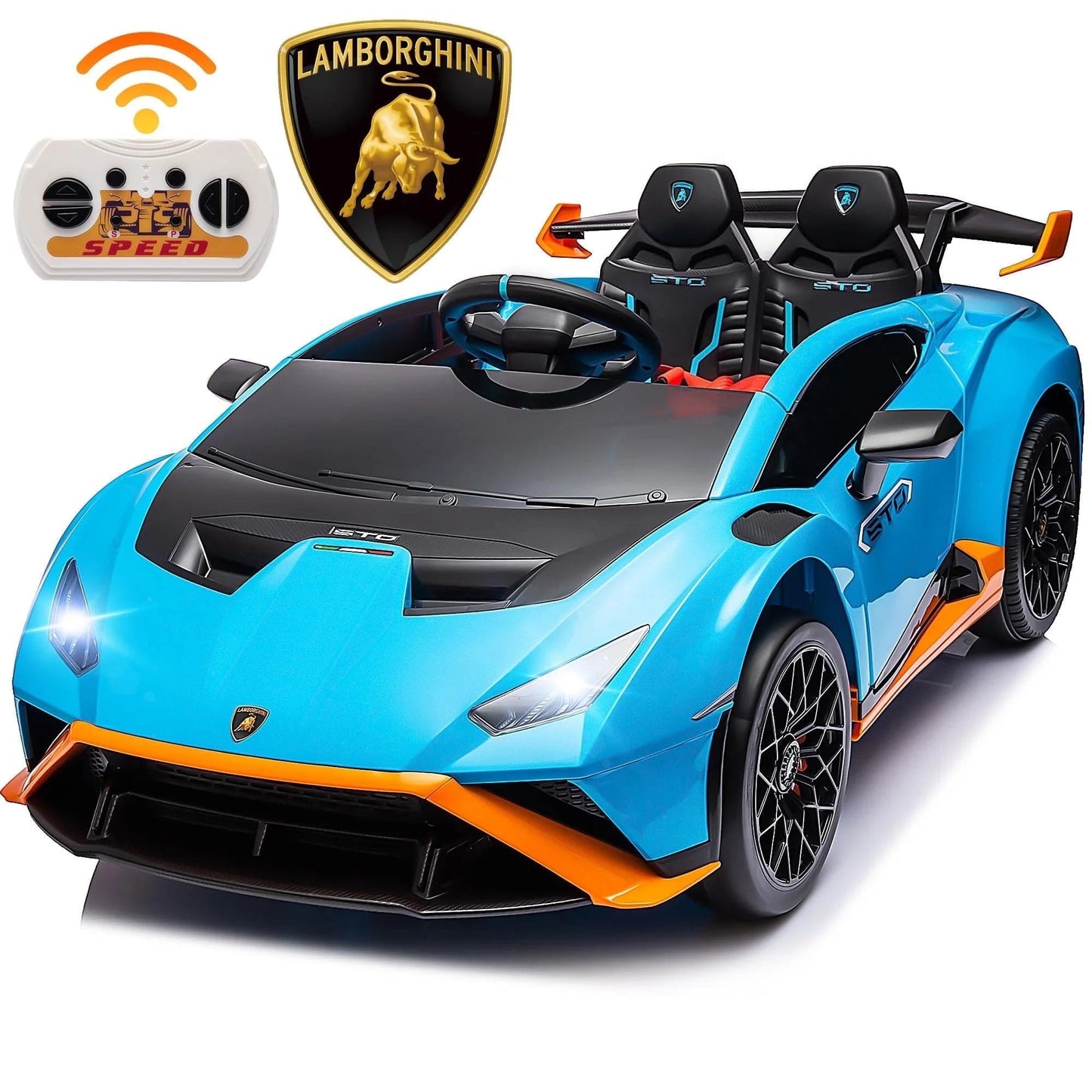 Lamborghini Ride on Sports Car, 24 Volt Ride on Toy with Remote Control, Battery Powered Kid Car Kids Electric Vehicles, 4 Wheeler with Bluetooth, Music Player, LED Light, 360° Spins, Blue Blue