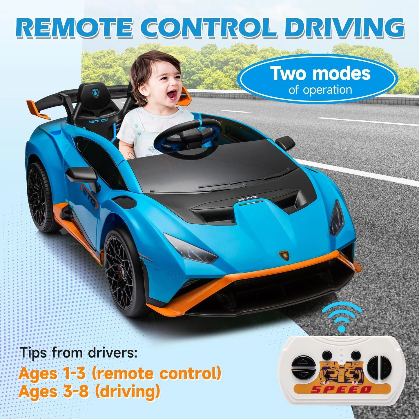 Lamborghini Ride on Sports Car, 24 Volt Ride on Toy with Remote Control, Battery Powered Kid Car Kids Electric Vehicles, 4 Wheeler with Bluetooth, Music Player, LED Light, 360° Spins, Blue Blue