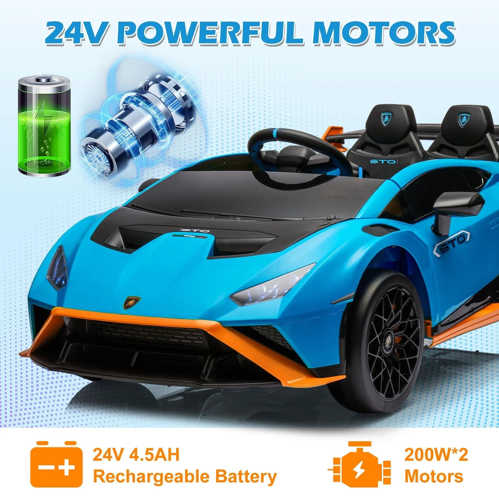 Lamborghini Ride on Sports Car, 24 Volt Ride on Toy with Remote Control, Battery Powered Kid Car Kids Electric Vehicles, 4 Wheeler with Bluetooth, Music Player, LED Light, 360° Spins, Blue Blue