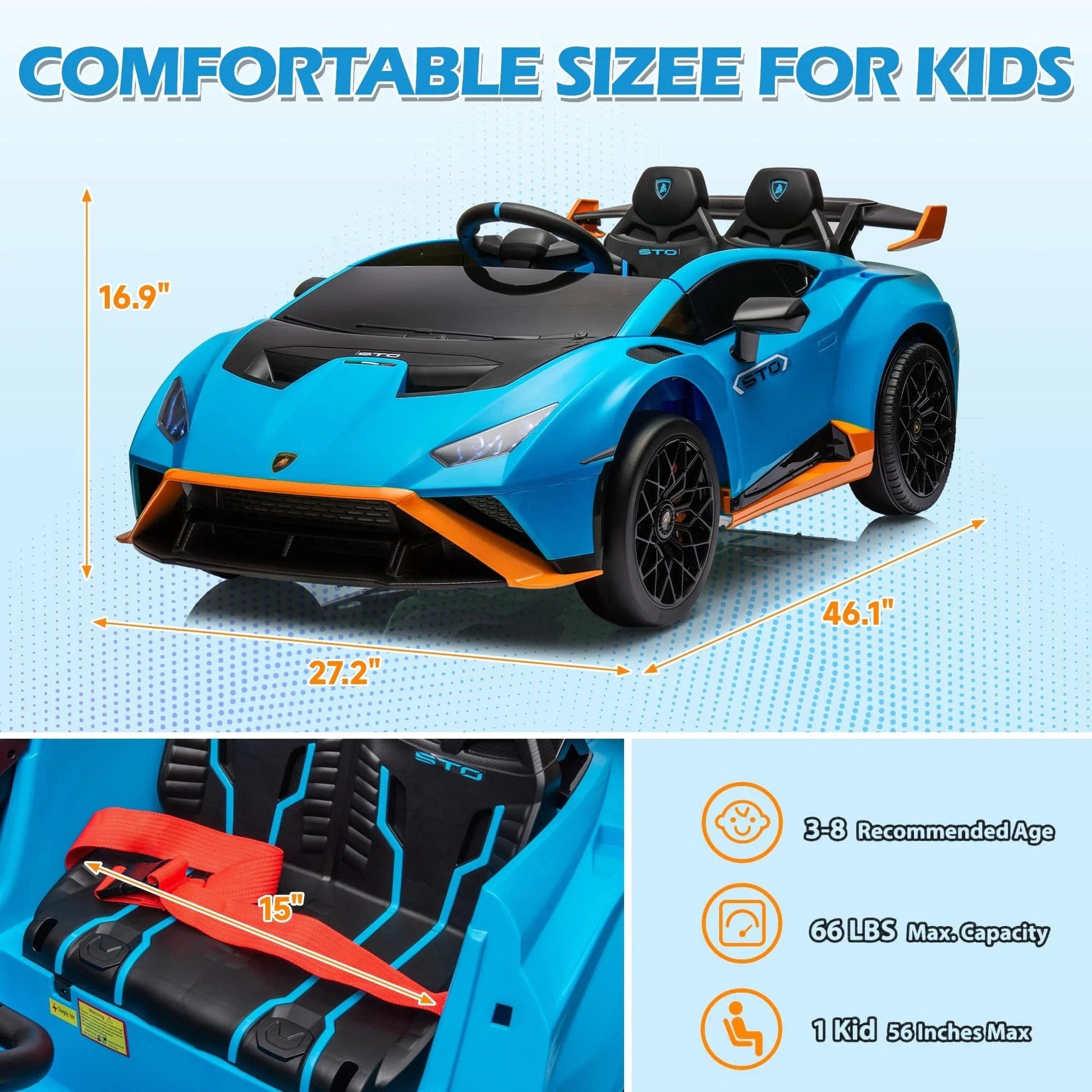 Lamborghini Ride on Sports Car, 24 Volt Ride on Toy with Remote Control, Battery Powered Kid Car Kids Electric Vehicles, 4 Wheeler with Bluetooth, Music Player, LED Light, 360° Spins, Blue Blue