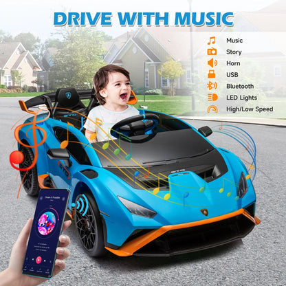 Lamborghini Ride on Sports Car, 24 Volt Ride on Toy with Remote Control, Battery Powered Kid Car Kids Electric Vehicles, 4 Wheeler with Bluetooth, Music Player, LED Light, 360° Spins, Blue Blue