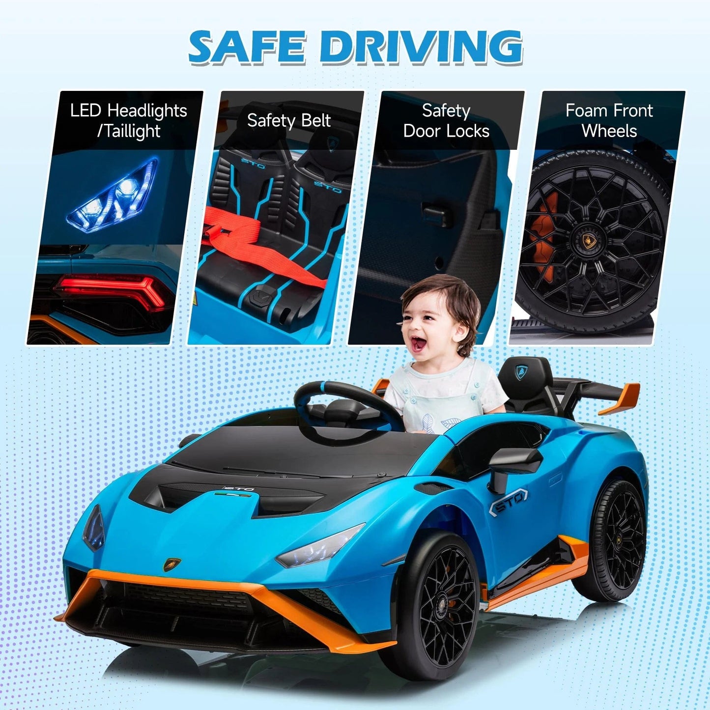 Lamborghini Ride on Sports Car, 24 Volt Ride on Toy with Remote Control, Battery Powered Kid Car Kids Electric Vehicles, 4 Wheeler with Bluetooth, Music Player, LED Light, 360° Spins, Blue Blue