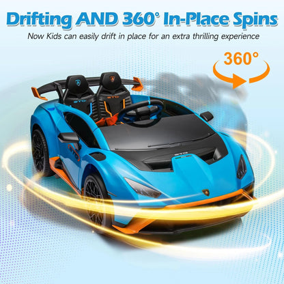 Lamborghini Ride on Sports Car, 24 Volt Ride on Toy with Remote Control, Battery Powered Kid Car Kids Electric Vehicles, 4 Wheeler with Bluetooth, Music Player, LED Light, 360° Spins, Blue Blue