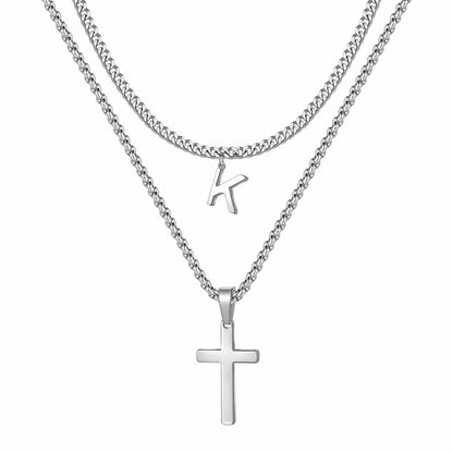 Layered Cross Necklace for Men Stainless Steel Chain Cross K name Initial Pendant Necklace Cuban Link Chain Necklaces for Men Women Fathers Day Gifts K