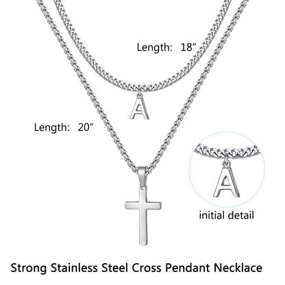 Layered Cross Necklace for Men Stainless Steel Chain Cross K name Initial Pendant Necklace Cuban Link Chain Necklaces for Men Women Fathers Day Gifts K