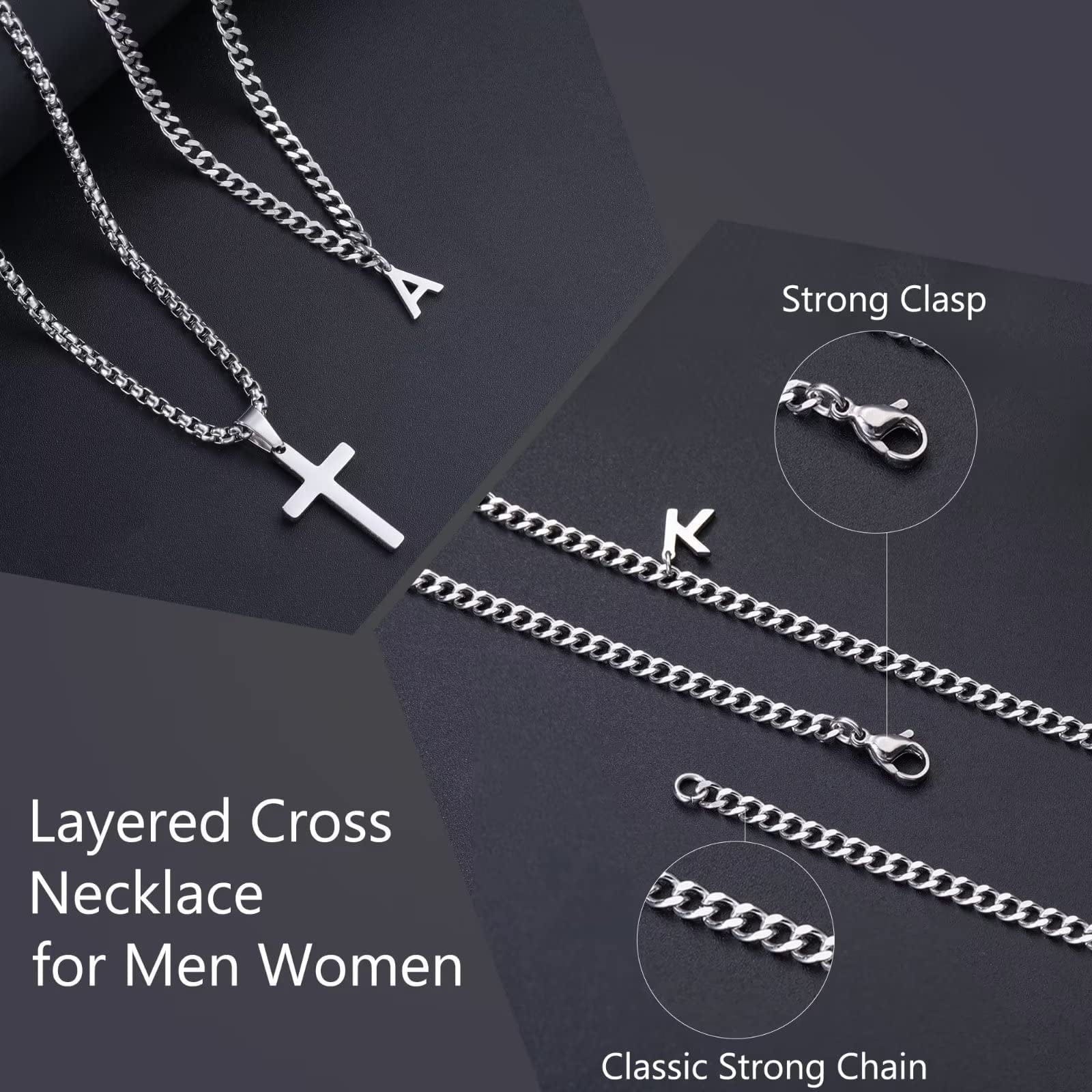 Layered Cross Necklace for Men Stainless Steel Chain Cross K name Initial Pendant Necklace Cuban Link Chain Necklaces for Men Women Fathers Day Gifts K