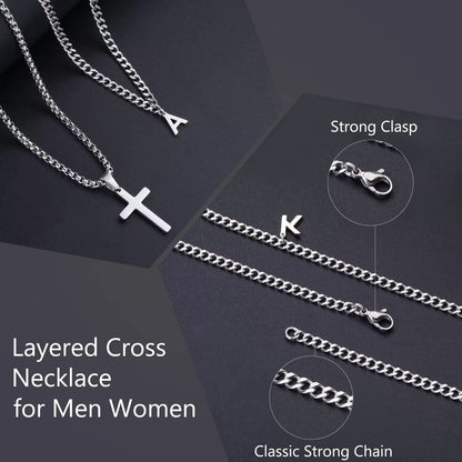 Layered Cross Necklace for Men Stainless Steel Chain Cross K name Initial Pendant Necklace Cuban Link Chain Necklaces for Men Women Fathers Day Gifts K