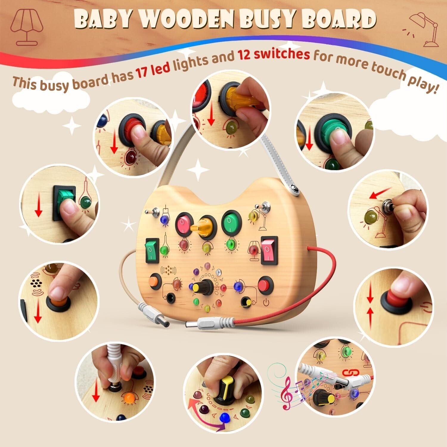 Montessori Toddler Busy Board Wooden LED Light Switch Busy Board Toys