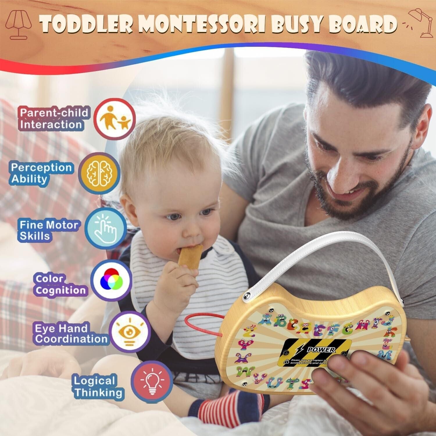 Montessori Toddler Busy Board Wooden LED Light Switch Busy Board Toys