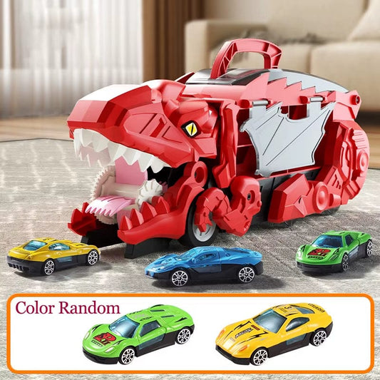 New Product Folding Dinosaur Transporter Car Competitive Game Roll to Eat Car Vehicle Racing Track with Mini Car Kid Gift Toy Red 2Car