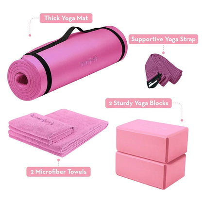 Polyester 72" Assembled Length Yoga Mat with Non-Slip Blocks, Strap, Towels, Pink Pink