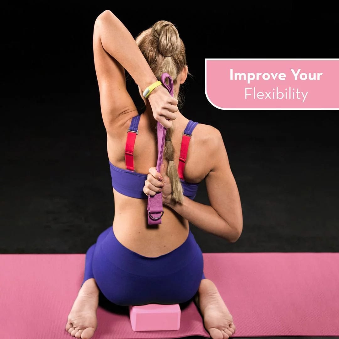 Polyester 72" Assembled Length Yoga Mat with Non-Slip Blocks, Strap, Towels, Pink Pink