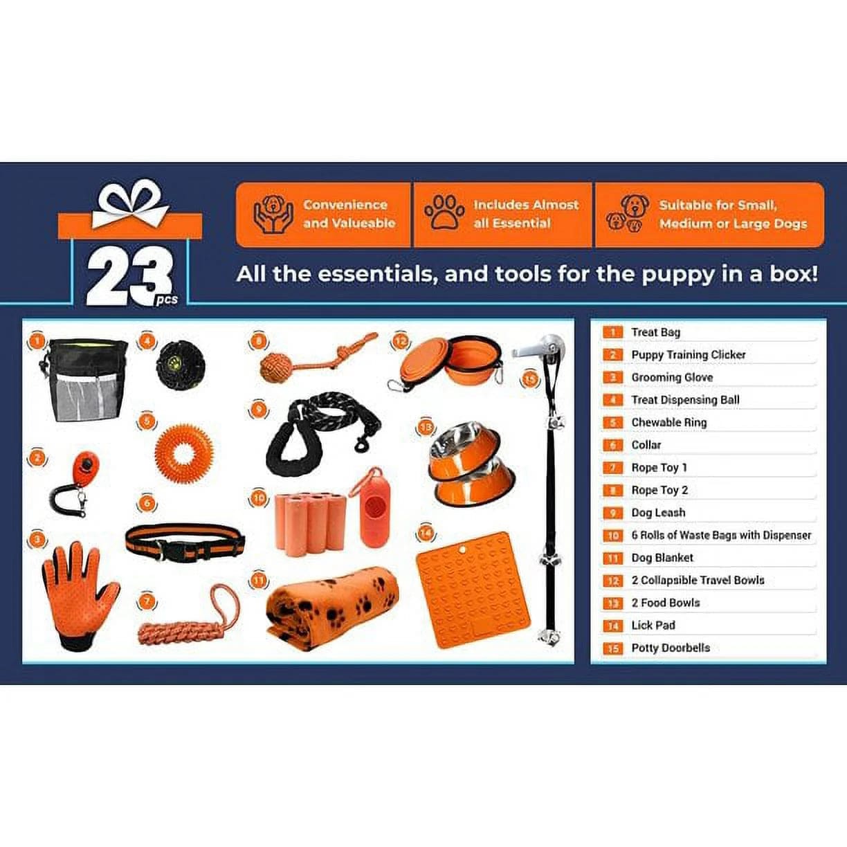 Puppy Starter Kit, Dog Toys, Dog Bed Blankets, Puppy Dog Grooming Tool, Training, Toys, Training Bells Dog Leashes Accessories for Dogs Gift for New Puppies Orange 23 Pieces Orange