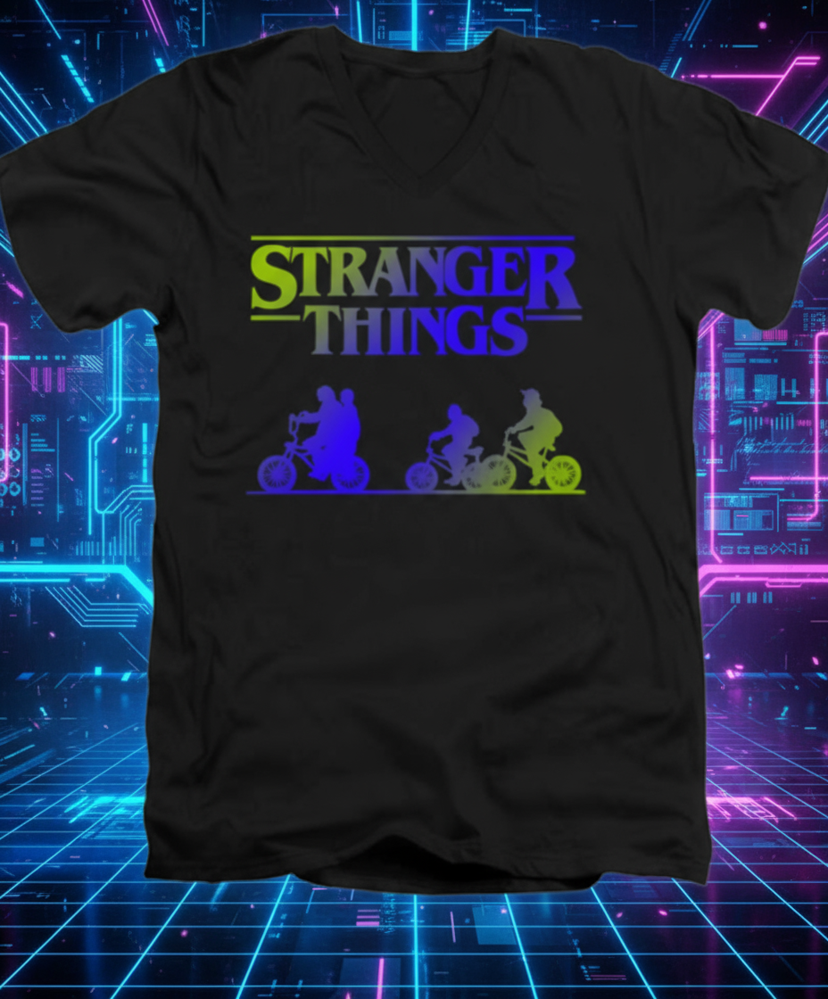 Black t-shirt with 'Stranger Things' graphic design featuring silhouettes of characters on scooters.