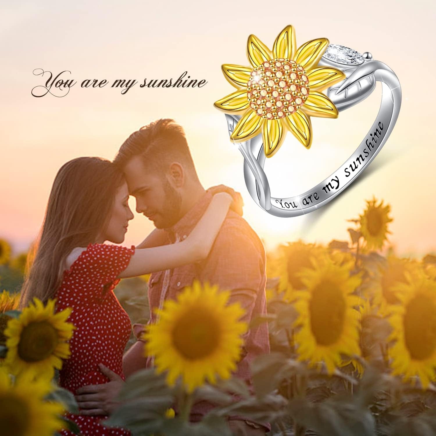 Spinner Sunflower Ring Sterling Silver You Are My Sunshine Anxiety Relieving Ring Fidget ADHD Stress Relief Ring for Women 7