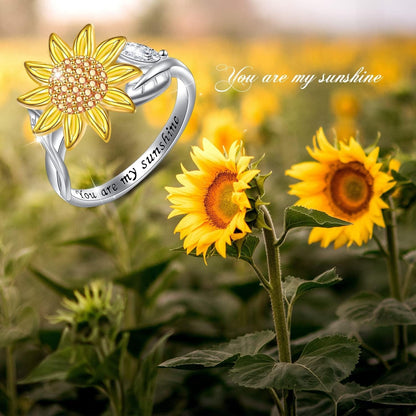 Spinner Sunflower Ring Sterling Silver You Are My Sunshine Anxiety Relieving Ring Fidget ADHD Stress Relief Ring for Women 7