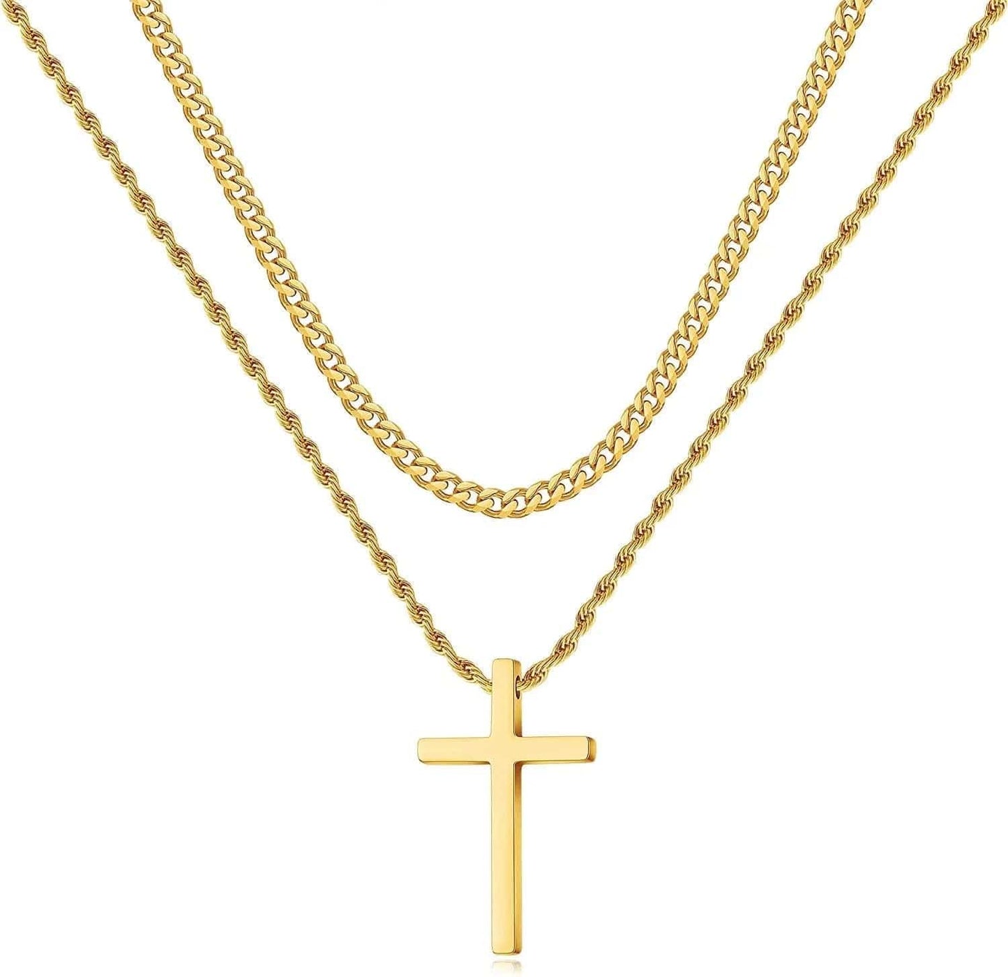 Stainless Steel Cross Necklaces for Men Layered Cuban Link Chain Rope Chain Mens Cross Necklaces Black Silver Gold Cross Pendant Necklace for Men Boys Women 16-26 Inches Gold / 24In/26In