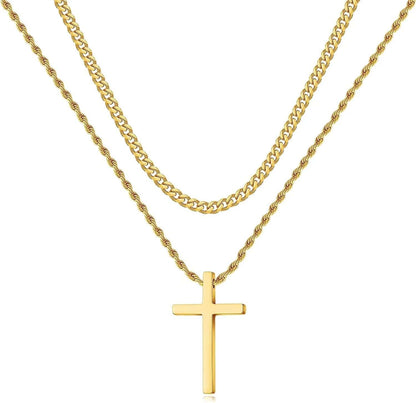 Stainless Steel Cross Necklaces for Men Layered Cuban Link Chain Rope Chain Mens Cross Necklaces Black Silver Gold Cross Pendant Necklace for Men Boys Women 16-26 Inches Gold / 24In/26In