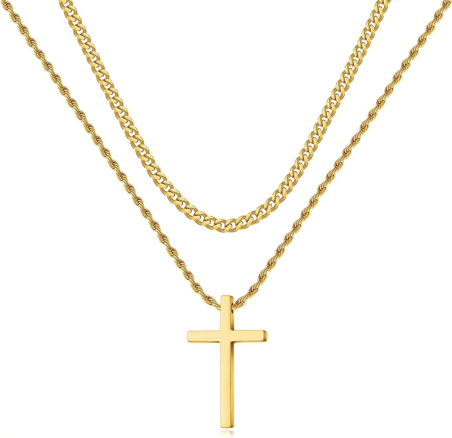 Stainless Steel Cross Necklaces for Men Layered Cuban Link Chain Rope Chain Mens Cross Necklaces Black Silver Gold Cross Pendant Necklace for Men Boys Women 16-26 Inches Gold / 24In/26In