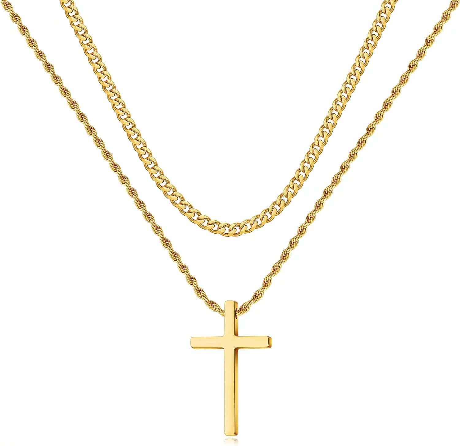 Stainless Steel Cross Necklaces for Men Layered Cuban Link Chain Rope Chain Mens Cross Necklaces Black Silver Gold Cross Pendant Necklace for Men Boys Women 16-26 Inches Gold / 24In/26In