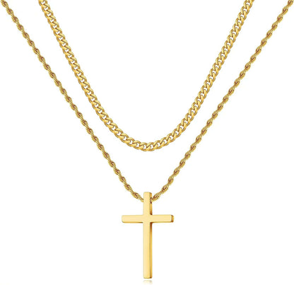 Stainless Steel Cross Necklaces for Men Layered Cuban Link Chain Rope Chain Mens Cross Necklaces Black Silver Gold Cross Pendant Necklace for Men Boys Women 16-26 Inches Gold / 24In/26In