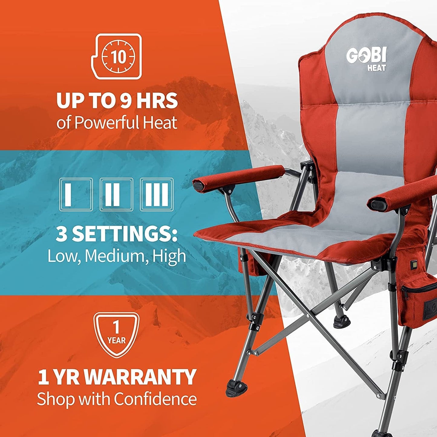 - Terrain Portable Heated Camping Chair - Outdoor Folding Chair with Heated Filling - Winter Camping Essential - 3 Heat Settings (Flare) Flare