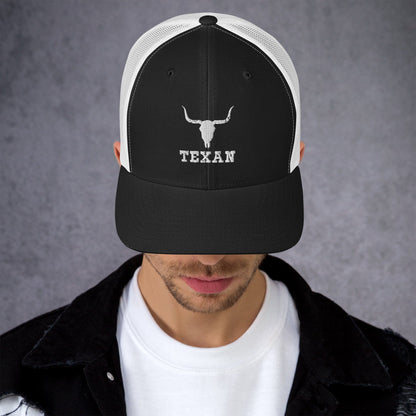 Texan Trucker Hat Texas Longhorn Skull Cap Black/ White