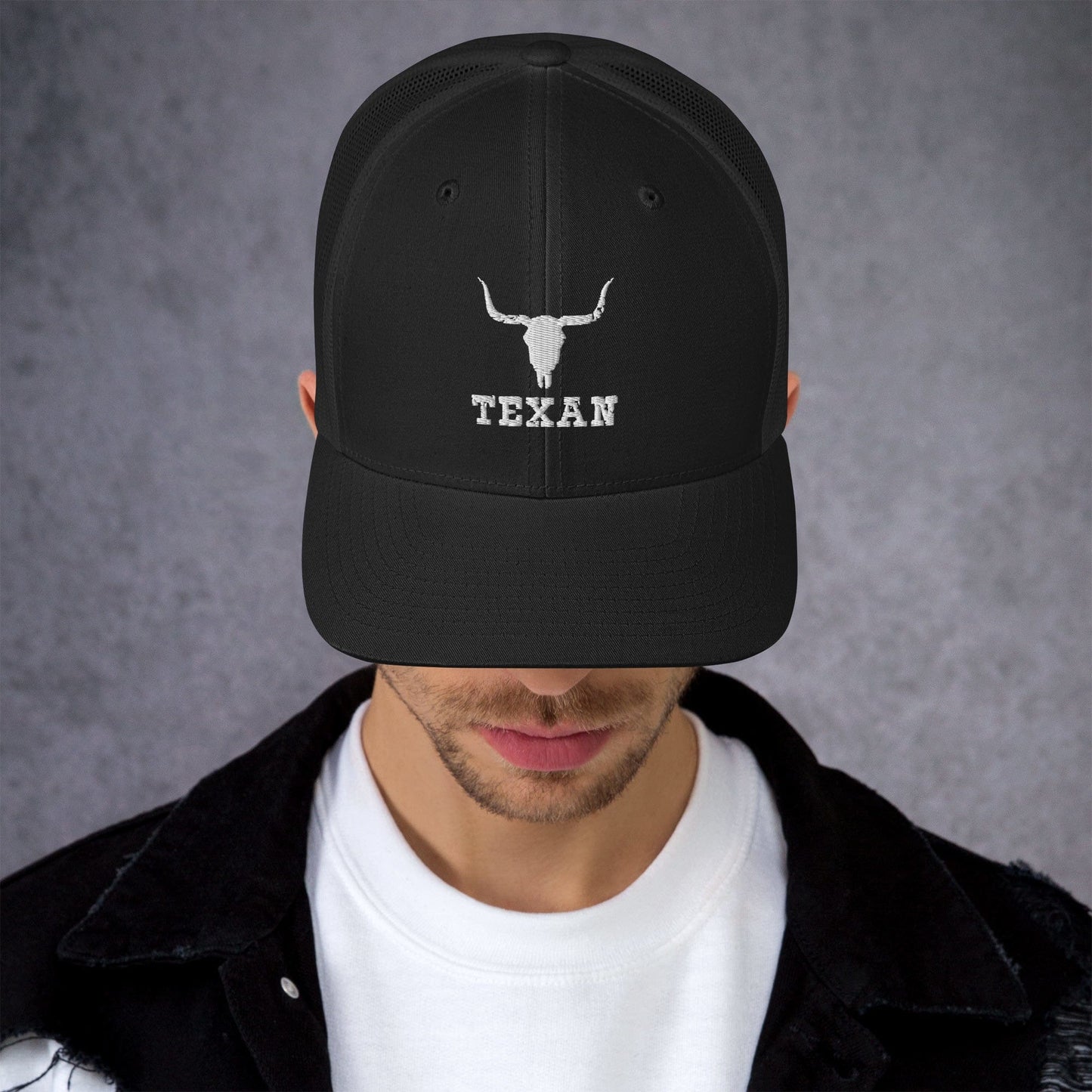 Texan Trucker Hat Texas Longhorn Skull Cap Black