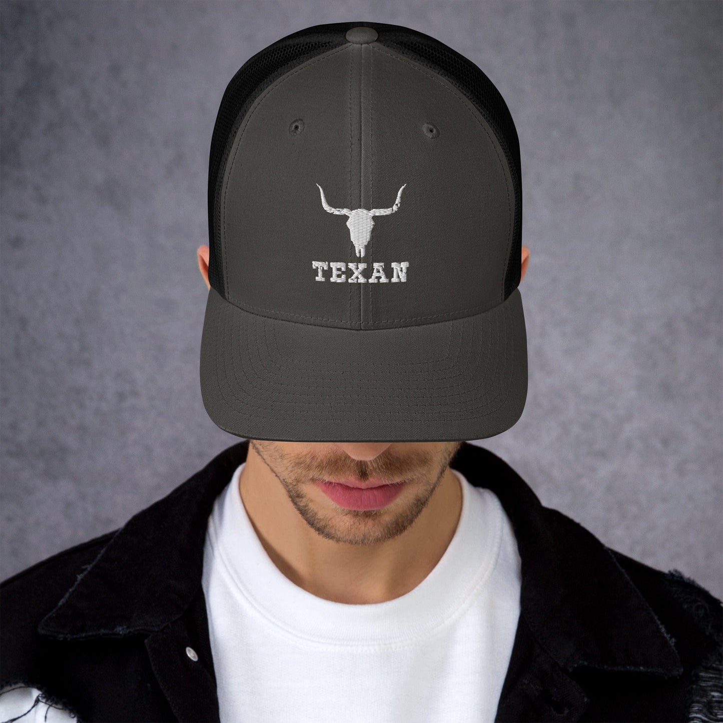 Texan Trucker Hat Texas Longhorn Skull Cap Charcoal/ Black